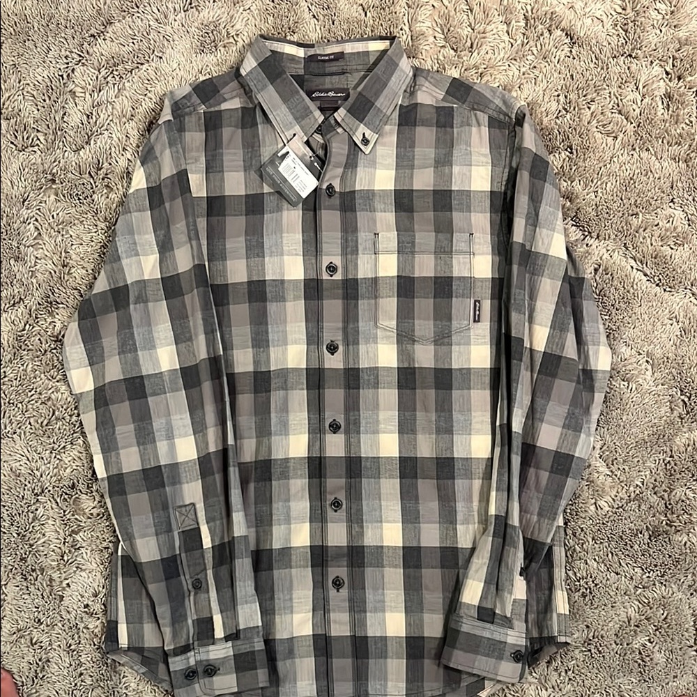 NET Eddie Bauer Men's Gray and White Plaid Shirt
